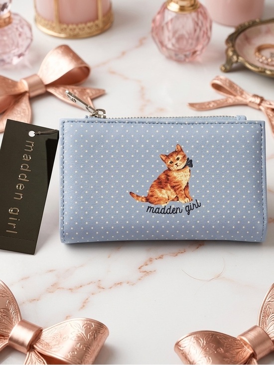 Madden Girl Handbags - MADDEN GIRL Blue Polka Dot Cat Zip Wallet NWT
